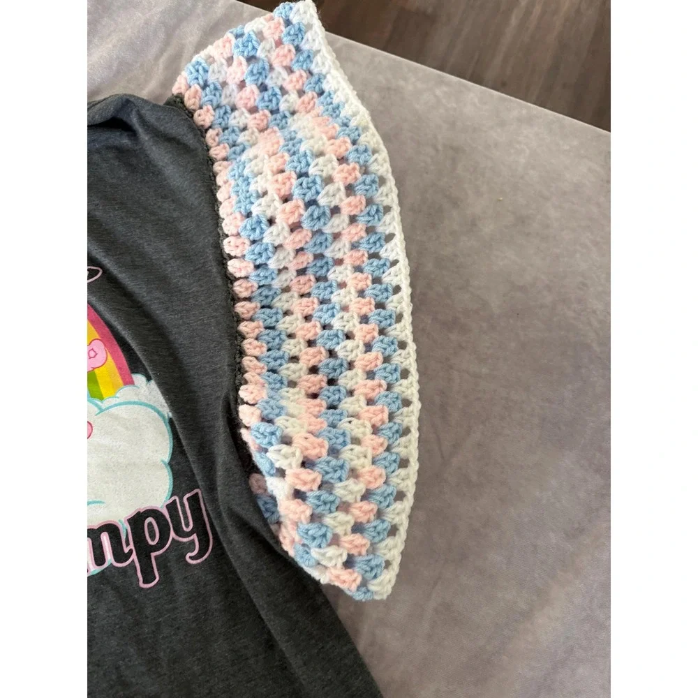 One of a Kind Upcycled Care Bears Graphic Tee with Hand Crocheted Sleeves Large